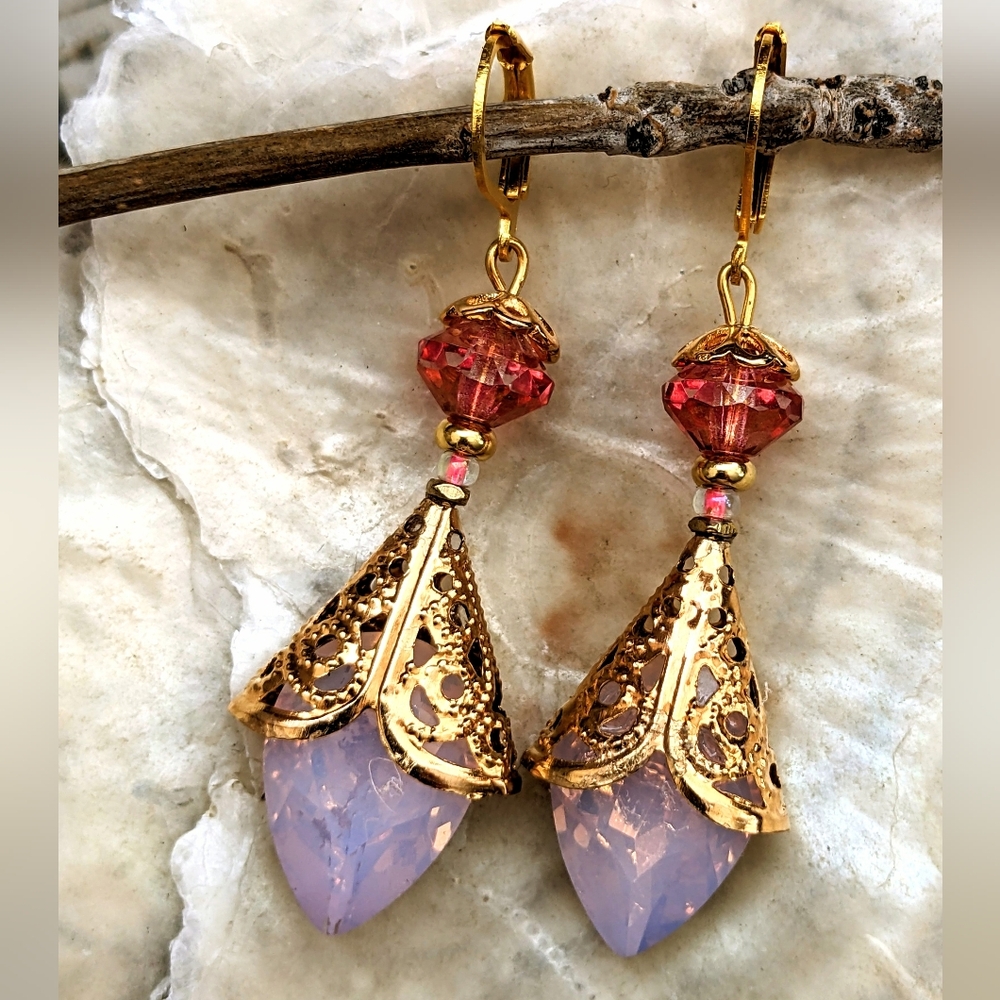 Victorian Pink Opal / Rosewater Opal In  18k Gold Plated Filligree Earrings